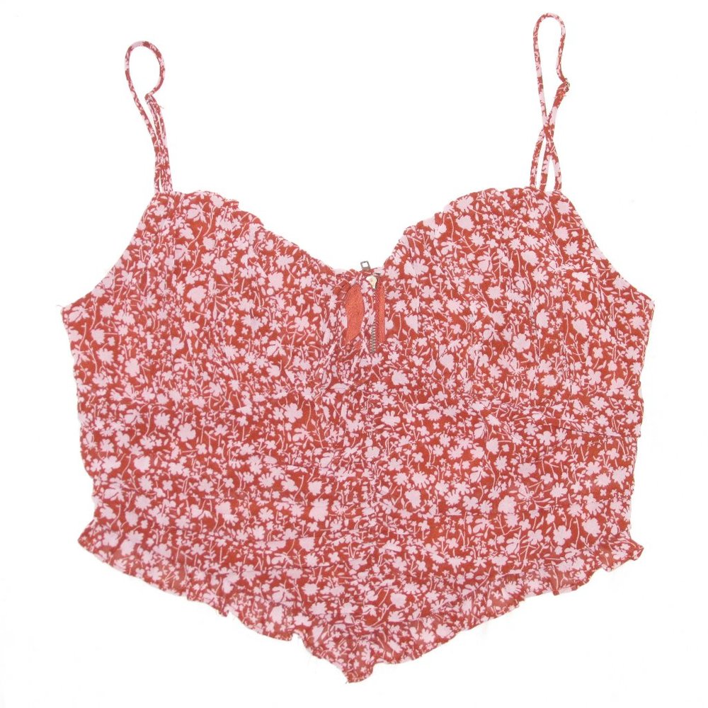 Brown & Mauve Floral print tank with adjustable straps and ties in the front